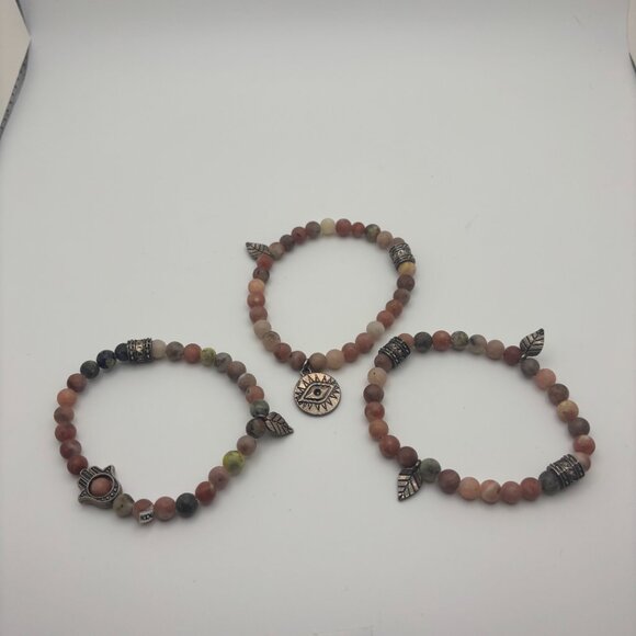 🌸 Set of 3 Natural Stone Beaded Stretch Bracelets - Evil Eye & Hamsa Charm - Picture 3 of 3